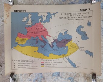 Original Vintage British Educational Geography Map Charlemagne Franks Dark Middle Ages Europe historical Poster print wall art 1950s