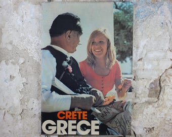 1973 Crete Travel Poster, Greece - a Greek Island, Man in Greek traditional dress with a woman in modern dress, wall art decor