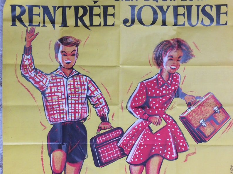 Original Vintage French Children Kids Back to School Poster fashion style bag happy running Advertising print R Hennin wall art retro 1960s image 9
