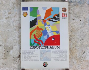 1990 Alfa Romeo Ireland Poster, Dublin Eurotrophaeum, 80th anniversary, Ottantanni, art deco style by Enrico Dordoni, wall art decor
