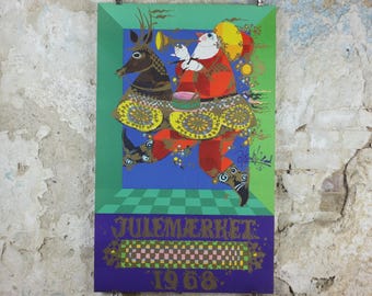 1968 Bjørn Wiinblad Poster, Christmas Market, Julemaerket, Santa Claus horse riding, blowing trumpet, Julemanden advertising wall art decor