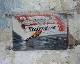 1980s Budweiser Poster, Waterskiing splash and spray, The King of Beers, advertising lager beer, wall art decor