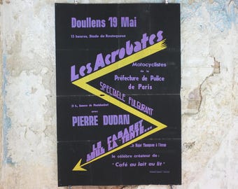 1960s Motorcycle Acrobatics Poster, Les Acrobates, Doullens France, Motorcyclistes Paris, Entertainment Extravaganza, retro wall art decor