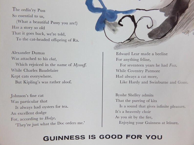1961 Guinness kattaffisch, Ett symposium om katter, Guinness husdjurssida, av Gerard Hoffnung, reklam för irländsk stoutöl, väggdekor bild 6