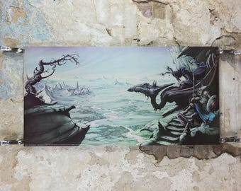 1981 Lord of the Rings Poster, A View over Isengard, JRR Tolkien by Rodney Matthews, Orthanc, Nazgul with Dragon and Goblins, wall art decor