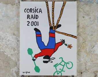 2001 Corsica Raid Poster, by Raymond Savignac, endurance nature sports for eco-adventurers in Corsica,  adventure wall art decor