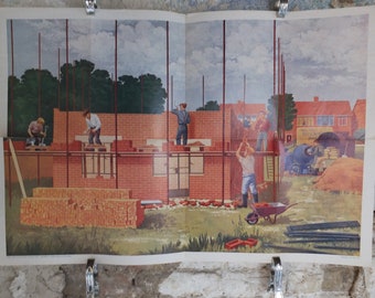 Original Vintage British Child Education Building a House Poster bricks construction mid century print Peter Blayney wall art 1961 1960s