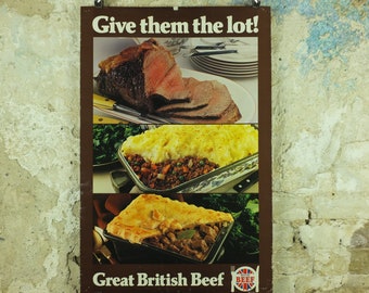 Vintage British Beef Poster, patriotic kitchenalia for your kitchen wall, wall art retro 1970s