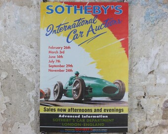 1980s Sothebys International Car Auction Poster, car auction advertising, Sotheby's London, retro sports car wall art decor