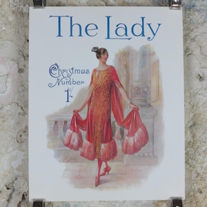 1960s The Lady Poster, Woman in Pink Flapper Christmas style from the 1920s, Womans magazine, fashion Advertising, art deco, wall art decor
