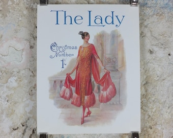 1960s The Lady Poster, Woman in Pink Flapper Christmas style from the 1920s, Womans magazine, fashion Advertising, art deco, wall art decor