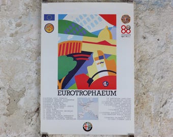 1990 Alfa Romeo Italy Poster, Rome Eurotrophaeum, 80 year anniversary, Ottantanni, art deco style by Enrico Dordoni, wall art decor