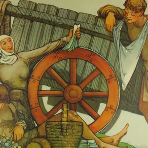 Original Vintage British Macmillan Historische Moden Pädagogisches Poster - Sächsische Feldarbeiter Kostüme - Geschichte Druck Wandkunst retro 1930er Jahre