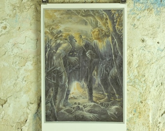 1997 The Stone Trolls Poster, by Alan Lee, Trolls capture the dwarves from The Hobbit, J.R.R. Tolkien, illustration print wall art decor