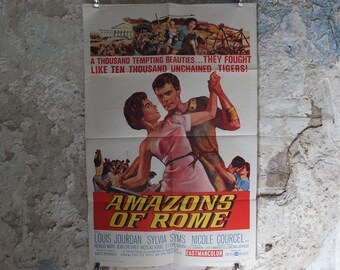 Original Vintage Movie Poster Amazons of Rome 1961 1960s wall art fight beauties love female warriors US one sheet cinema film memorabilia