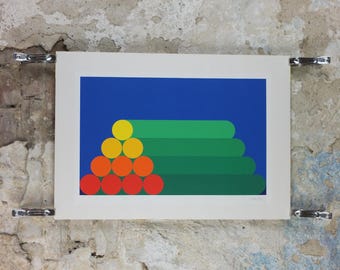 Hand signed Per Arnoldi Poster, 1983 Coloured Cylinders and Circles, Scandinavian Danish Design, wall art decor