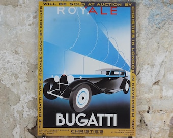 1987 Monaco Christies Poster, Bugatti Type 41 Royale Coach by Kellner, auction advertising, retro sports car wall art decor