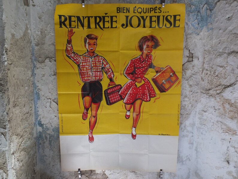 Original Vintage French Children Kids Back to School Poster fashion style bag happy running Advertising print R Hennin wall art retro 1960s image 3