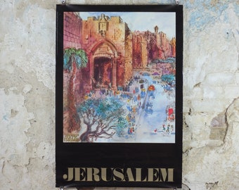 1982 Jerusalem Poster, The Jaffa Gate, by Jossi Stern, watercolour painting of Old City Walls, Travel tourism wall art decor
