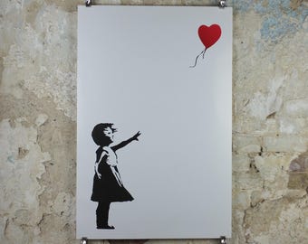 2000s Banksy Poster, Girl with Balloon, Red heart balloon, London, Pop Art gallery exhibition, wall art decor