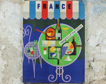 1950s France Delights of the Table Poster, "Joie de Vivre!" by Dumoulin, colourful cafe cheese, wine and fruit, kitchenalia wall art decor