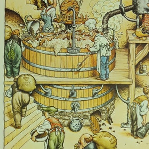 May include: An illustrated depiction of a brewery scene. Workers in aprons and hats are shown around large wooden vats, some carrying sacks labeled "Best Malt." The image has a warm, inviting color palette, suggesting a traditional brewing process.