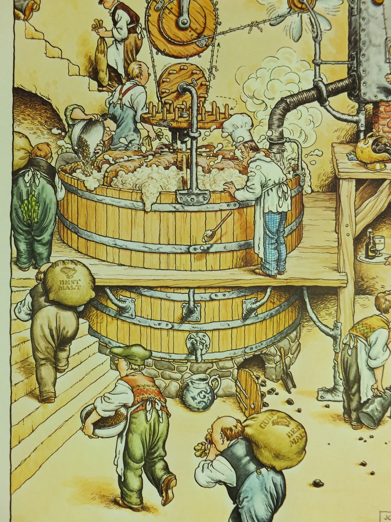 May include: An illustrated depiction of a brewery scene. Workers in aprons and hats are shown around large wooden vats, some carrying sacks labeled "Best Malt." The image has a warm, inviting color palette, suggesting a traditional brewing process.