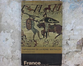 1962 Bayeux Tapestry Poster, Embroidery of the Norman Conquest of England, France, well worn, travel wall art decor