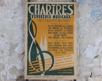 1952 Chartres Musical Fridays Poster, Vendredis Musicaux, by Jean Elette, Treble Clef, Paris, music wall art decor