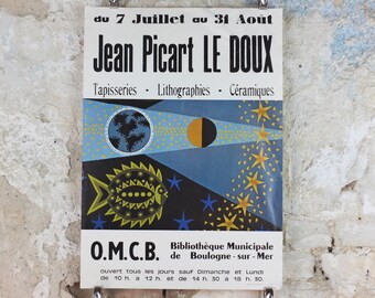 1977 Jean Picart Le Doux Poster, planets, moon, lots of stars, fish and eclipse, French painter, wall art decor