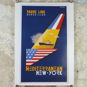 Póster de viaje de crucero por el Mediterráneo de 1997, de Francia a Nueva York, de J Tonelli, Europa, Fabre Line Marsellies, publicidad de cruceros, decoración de arte mural