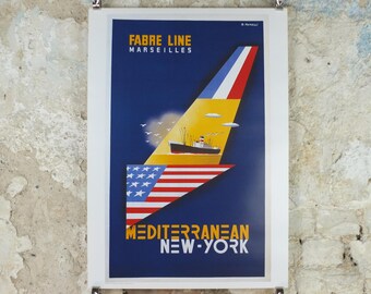 1997 Mediterranean Cruise Travel Poster, France to New York by J Tonelli, Europe, Fabre Line Marsellies, Cruise Advertising, wall art decor