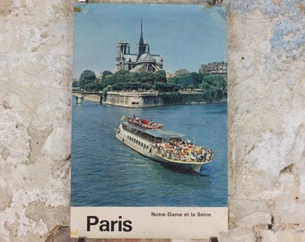 1960s Notre Dame Paris Poster, on the River Seine, France, travel wall art decor