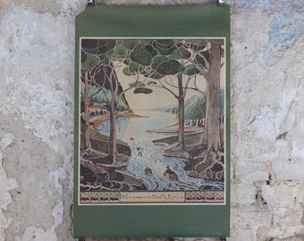 1970s Bilbo Comes to the Huts of the Raft Elves Poster, by J.R.R. Tolkien, George Allen & Unwin, The Hobbit, fantasy wall art decor