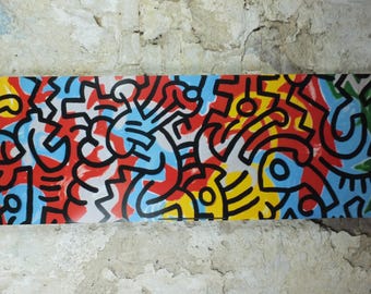 1987 Keith Haring Poster, Rainbow untitled 1987, long poster with black figures and symbols on reds and blues, Pop Art, Street, wall decor
