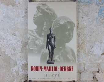1962 Auguste Rodin Poster, female nude sculpture, Rodin Maillol Derbre, artist gallery exhibition, wall art decor