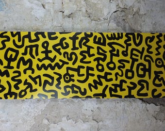 1990 Keith Haring Poster, Yellow untitled 1990, long yellow poster with black figures and symbols, Pop Art, Street, wall decor
