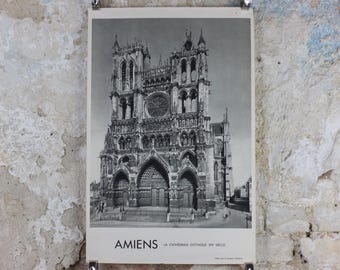 1950s Amiens Cathedral France Poster, Gothic Church printed by French Tourist Office, monochrome travel wall art decor