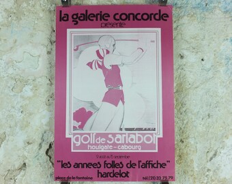 1970s Rene Vincent Poster, In Pink, Woman playing golf at Saralabot c1930, Art Deco Nouveau neoclassical, gallery exhibition, wall art decor