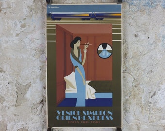 Original Venice Simplon Orient Express Poster, Lady in Sleeping Car Fix Masseau, 1985 limited edition of 200, train art deco, wall art decor