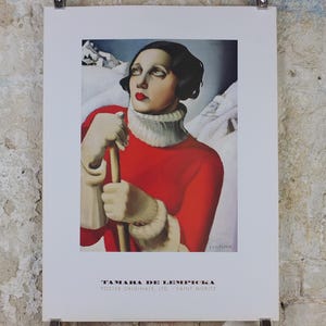 2000 Cartel de Tamara de Lempicka, St Moritz 1929, Traje de esquí rojo Lady, Art Déco Nouveau, exposición de galería neoclásica del cubismo, decoración de arte mural