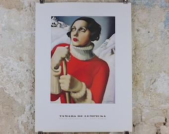 2000 Tamara de Lempicka Poster, St Moritz 1929, Red ski suit Lady, Art Deco Nouveau, cubism neoclassical gallery exhibition, wall art decor