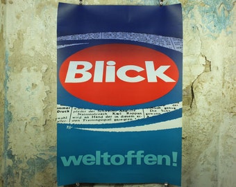 Vintage Media and Newspaper Poster, Blick brand, 1970 tabloid advertising poster, wall art retro 1970s