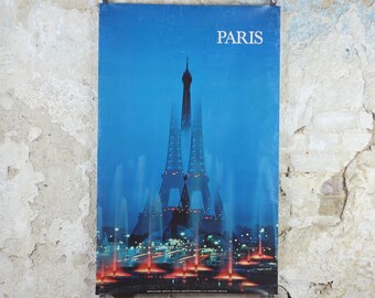 1978 Eiffel Tower Paris Poster, Paris by Night, Lights and Fountains, France travel wall art decor