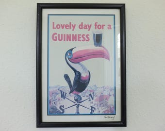 Hand signed 1981 John Gilroy Guinness Toucan Poster, Weathervane 1955, Pint of Guinness on Toucan's beak, wall art retro decor