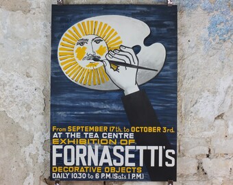 1958 Fornasetti Poster, painted sun on an artist's pallete, Italian luxury brand, artist and designer,  advertising retro wall art decor
