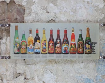 1970s Wines of France Poster, Types of French wines, Vins de France, advertising and marketing, kitchen Viticulture print wall art decor