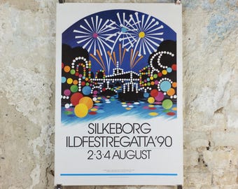 1990 Fire Festival Silkeborg Poster, Lights and Fireworks, Ildfestregatta, colourful Danish wall art decor
