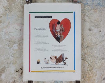 1961 Guinness Dog Poster, Paradogs, Guinness Pet Page, Mans Best Friend by Gerard Hoffnung, ale Irish stout beer advertising, wall art decor