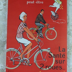 1950 Cycling Poster, French National Lottery, beautiful couple smiling and cycling in red, by Pierre Courrone, print wall art retro decor